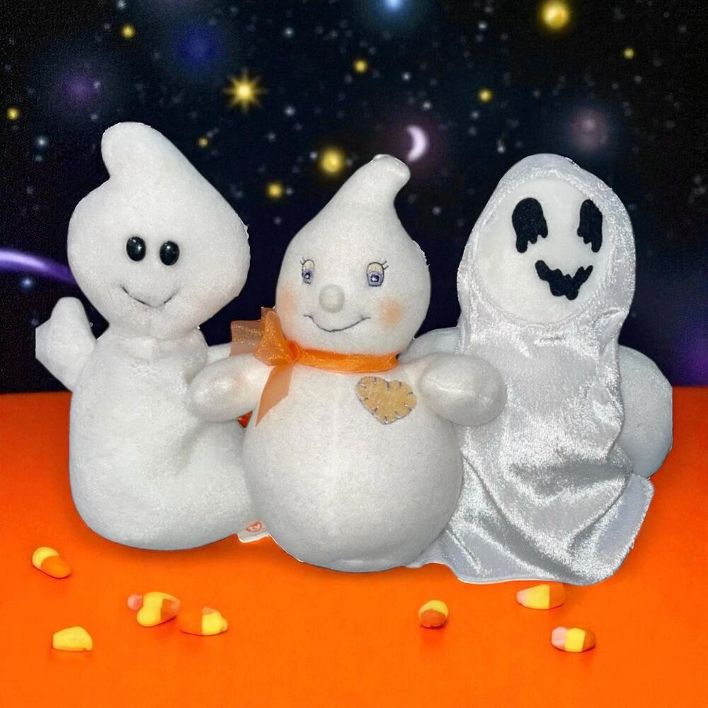 Ty Beanie Babies Spooky Ghost Sheets & Hallmark Little Glimmer Plush Lot of 3